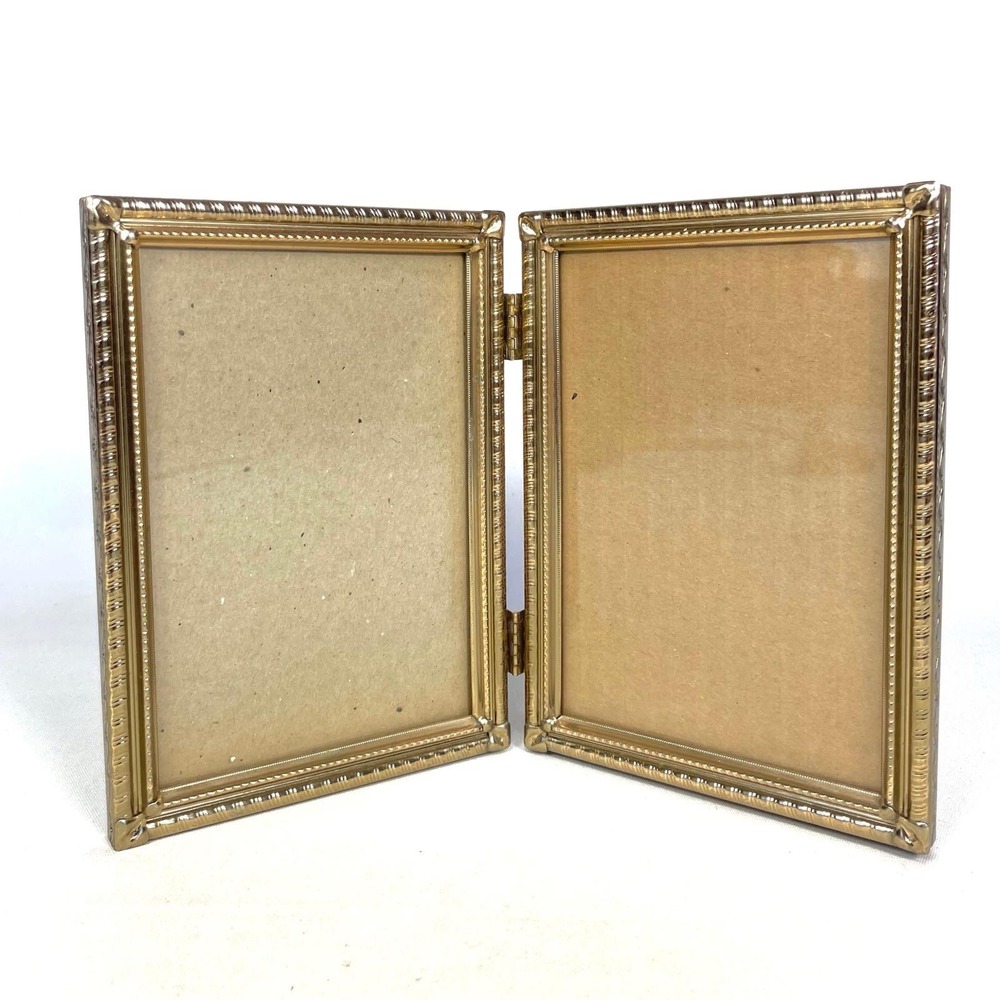 Ornate Gold Tone Hinged Double Picture Frame 7x5 Glass Burgundy Backing